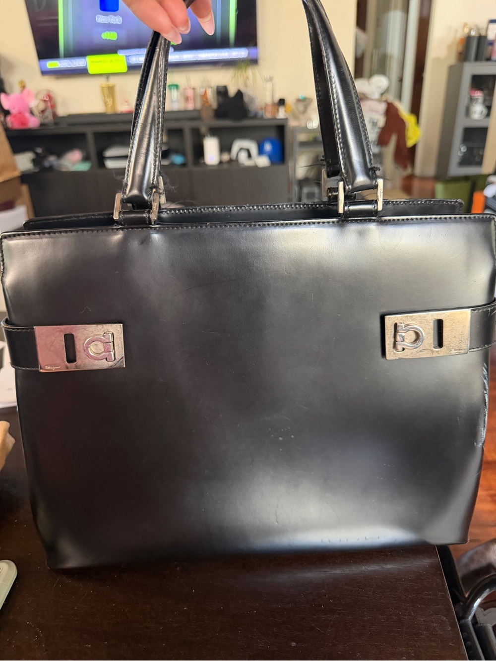 Classic Black Leather Top-Handle Bag by Salvatore Ferragamo